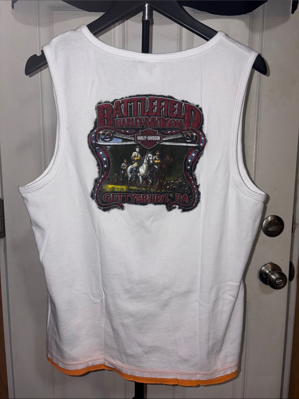 Y2K Vintage Harley Davidson White and Orange Tank Top Back Graphic Gettysburg